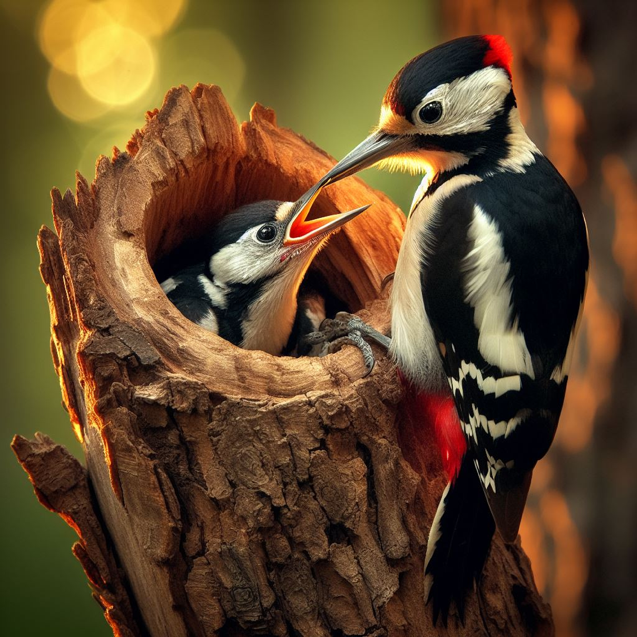 AI generated image of a red white and black woodpecker feeding its young in a hollowed out tree branch
